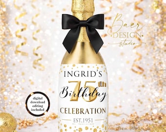 Personalized Gold Birthday Mini Wine Bottle Labels (PDF)
