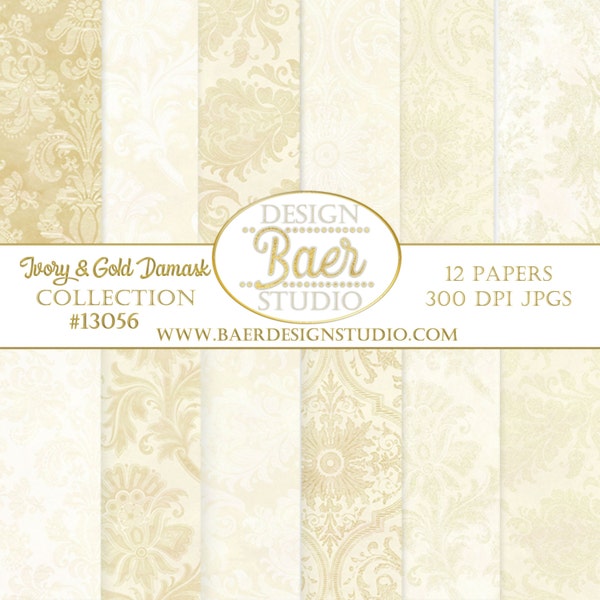 Ivory and Gold Digital Paper, Ivory Damask Digital Paper, Champagne Digital Paper, 50th Anniversary Paper, Gold Digital Paper, #13056