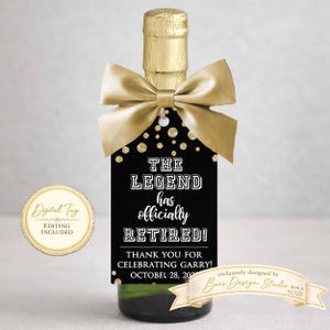 Black and Gold Retirement Party Tags, Personalized The Legend has Retired(PDF and JPEG)