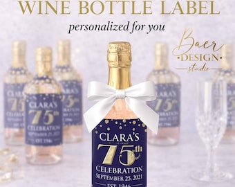Personalized Birthday Mini Wine Bottle Labels: Navy and Gold (Digital Label)