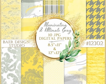 Yellow and Gray Digital Paper: Plaid Background, Damask Pattern, Houndstooth (Digital Download)