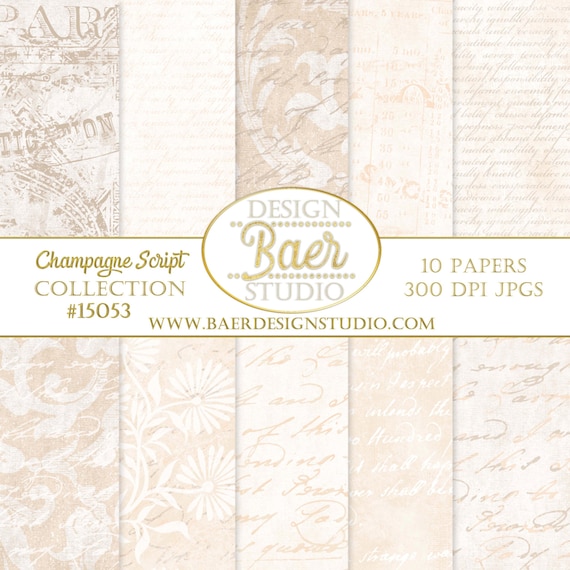 Blush Damask Digital Paper: Champagne Script, Sepia Ivory (Digital Download)