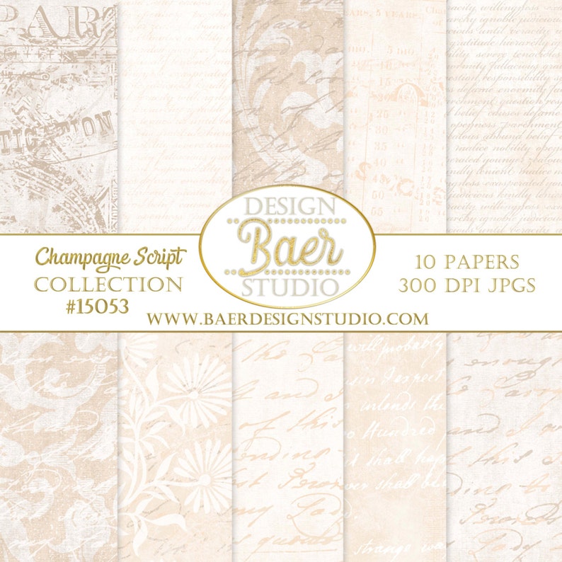 Blush Damask Digital Paper: Champagne Script, Sepia Ivory (Digital Download) image 1