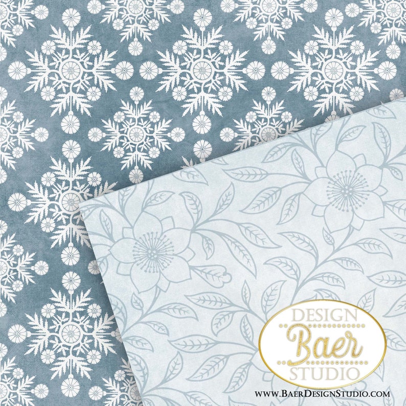May include: Two digital paper patterns in blue and white. The top pattern features a repeating snowflake design. The bottom pattern features a repeating floral design. The text "DESIGN Baer STUDIO www.BAERDESIGNSSTUDIO.com" is at the bottom of the image.