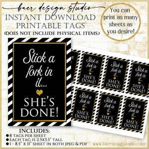 Stecken Sie eine Gabel hinein Tags: She is Done Party Gunst Tags, Bundt Cake Tags, Schwarz und weiß digitale Tags, Instant Download druckbare Tags 61723