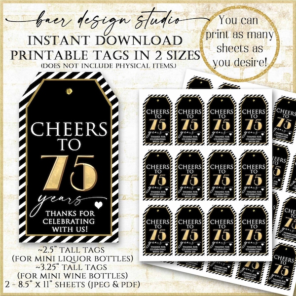 75th Birthday Party Favor Printable Tag in 2 Sizes|Black and White Cheers to 75th years tag for Mini Wine Bottle & Mini Liquor Bottle