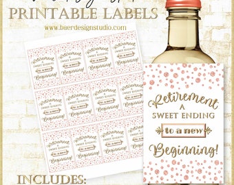 Retirement a Sweet Ending to a New Beginning Printable Labels:Rose Gold Mini Wine Bottle Label, Rose Gold Retirement Party Labels #2724