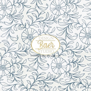 May include: A seamless pattern featuring a repeating design of blue floral vines and leaves on a white background. The design includes a circular logo with the text "DESIGN Baer STUDIO www.BAERDESIGNSTUDIO.COM".