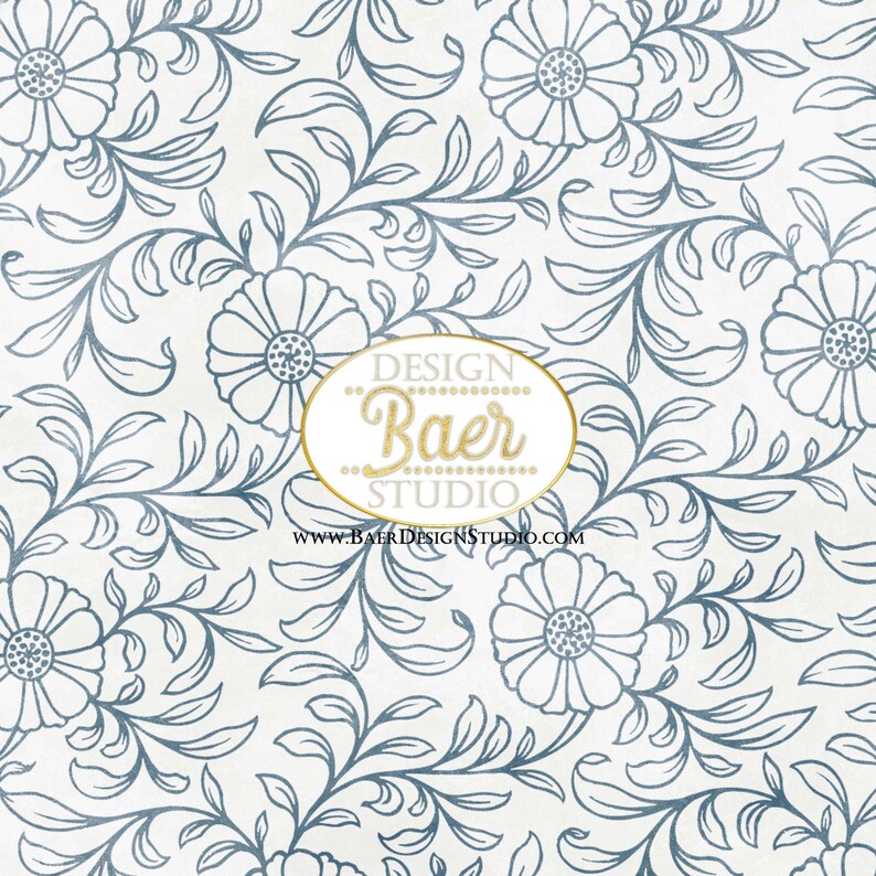 May include: A seamless pattern featuring a repeating design of blue floral vines and leaves on a white background. The design includes a circular logo with the text "DESIGN Baer STUDIO www.BAERDESIGNSTUDIO.COM".