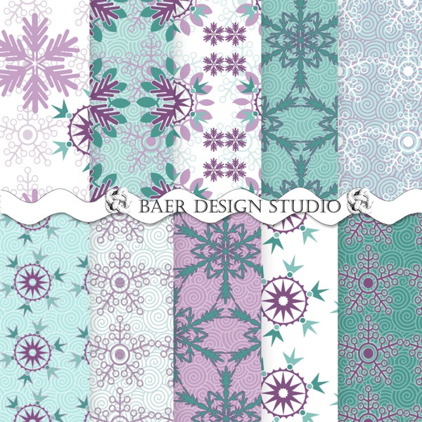 Teal and Lavender Mandala Digital Paper:Snowflake Digital Paper, Turquoise and Purple Seamless Digital Paper, Snowflake Digital Pattern