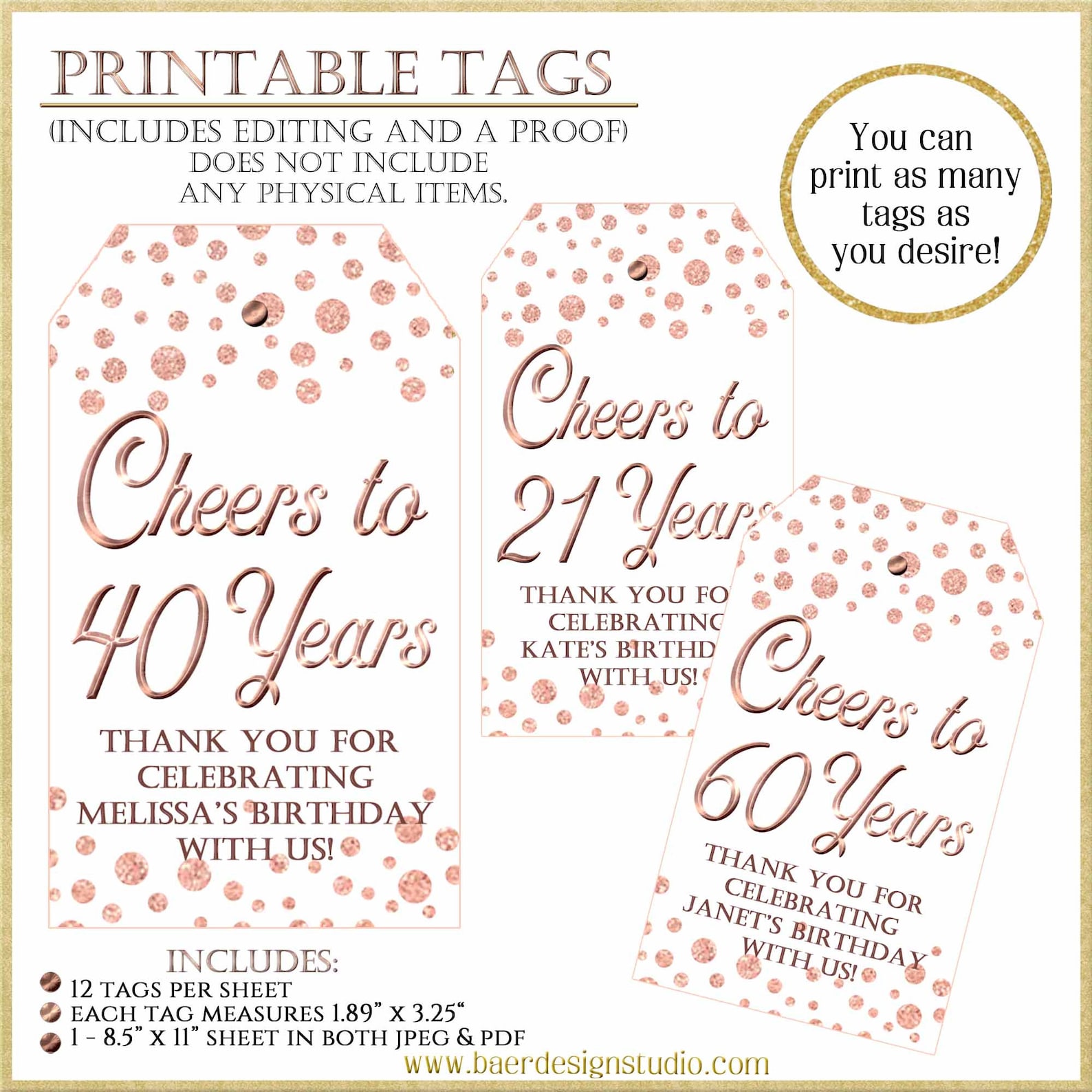 Thank You Tags:cheers to 40 Years Rose Gold Printable Tags - Etsy