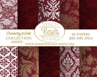 Cranberry Red Damask Digital Paper: Burgundy and Gold Backgrounds (Digital Download)