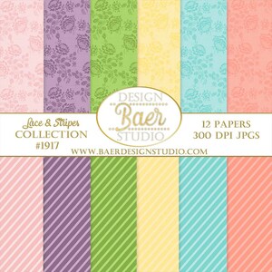 Pastel Lace and Stripe Digital Paper: Easter Preppy Print Backgrounds (Digital Download)