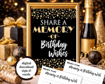 Share a Memory Birthday Sign and Cards: Black and Gold Confetti (Digital Download)