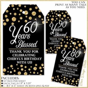 Black and gold Years Blessed Tag Printables|80 Years Blessed Printable Tag|Thank You Tags 50th Birthday Party favor tags, 75th Birthday Tags