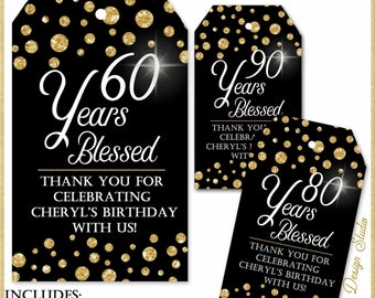 Black and gold Years Blessed Tag Printables, 80 Years Blessed Printable Tag, Thank You Tag 50th Birthday Party favor tags, 75th Birthday Tag