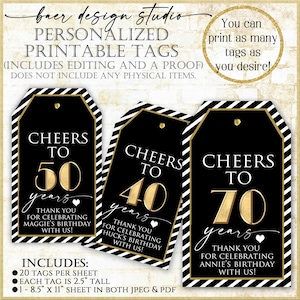 Zwart-gouden bedankkaartjes voor mini-alcoholfles, Cheers to 40 Years-tag, Zwart-wit Cheers to 50 Years-tag Afdrukbaar 32221
