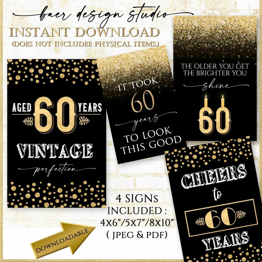 Black and Gold 60th Birthday Party Signs:printable 60th Vintage Sign ...