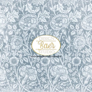 May include: A seamless pattern featuring a white floral design on a blue background. The pattern includes stylized flowers, leaves, and stems. The text "DESIGN Baer STUDIO www.BAERDESIGNSTUDIO.COM" is centered at the bottom of the image.