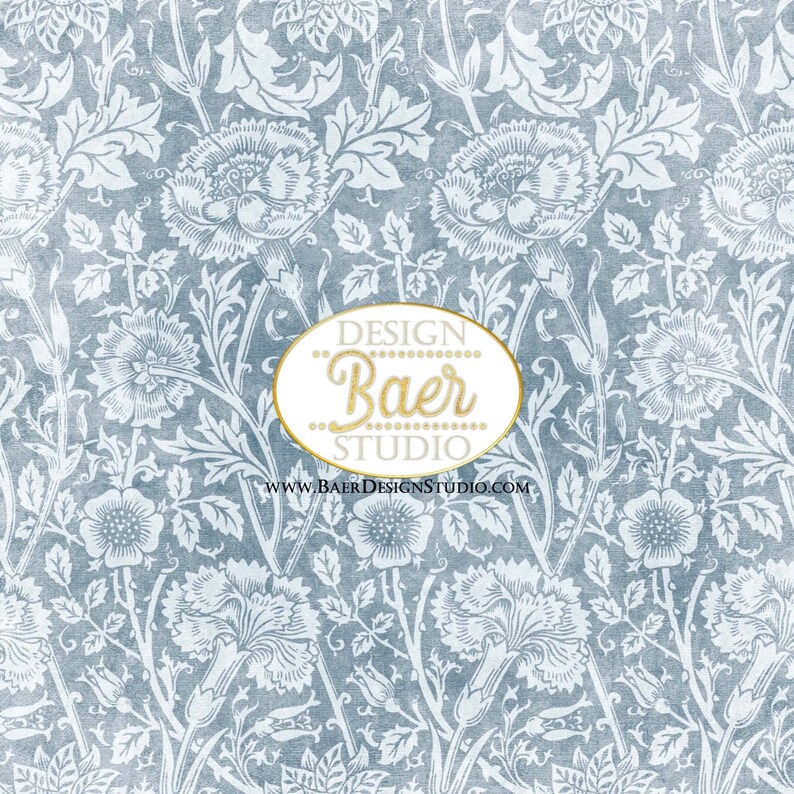 May include: A seamless pattern featuring a white floral design on a blue background. The pattern includes stylized flowers, leaves, and stems. The text "DESIGN Baer STUDIO www.BAERDESIGNSTUDIO.COM" is centered at the bottom of the image.