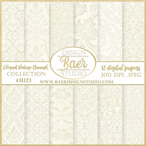 Papel de design digital vintage marfim, fundo digital para diário de sucata, papel digital damasco marfim, papel imprimível marfim, papel com relevo