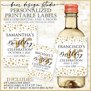 Personalized Gold Birthday Mini Wine Bottle Labels (PDF)