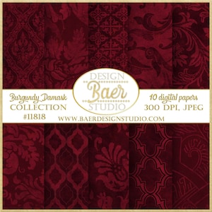Carta digitale Merlot, Confezione di carta digitale damascata bordeaux, Carta digitale da matrimonio rosso scuro bordeaux, Carta digitale damascata rosso scuro