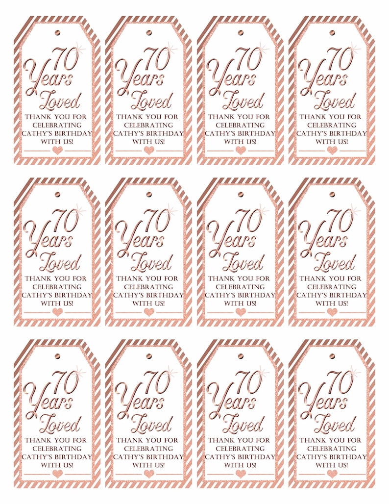 70th Birthday Party:80 Years Loved Tag Rose Gold 90th birthday Printable Tags Mini Wine Tags Thank You Tag 50 Years Blessed Tag 92418