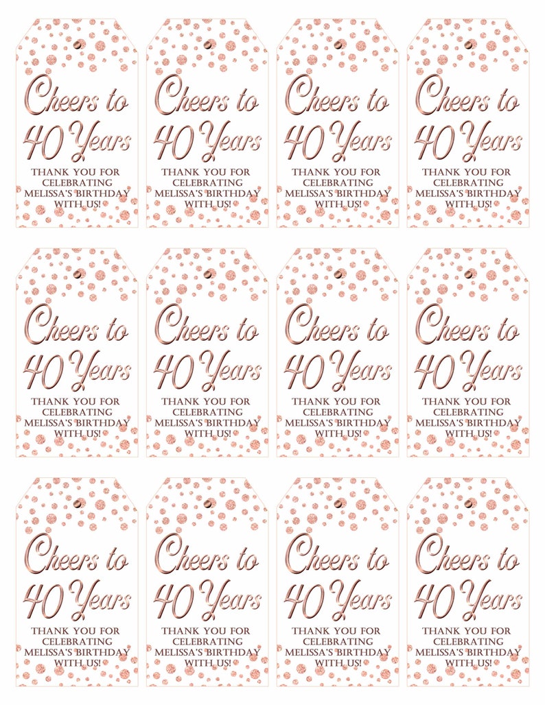 Thank You Tags:cheers to 40 Years Rose Gold Printable Tags - Etsy