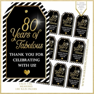 Bedankkaartjes, 80 jaar fantastisch, tags feestbedankjes, zwart en goud tags, afdrukbare tags, tag 80e feest, afdrukbare tag, 32318