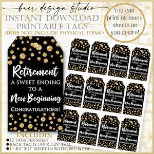 Retirement Tags, Retirement Party Favors, Retirement Favor Tags, A Sweet Ending to a New Beginning  Tags, 5211