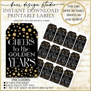 Cheers to the Golden Years Tags:Black and Gold Retirement Party Printable Tags, Retirement for men or women, Retirement Party Mini Wine Tag