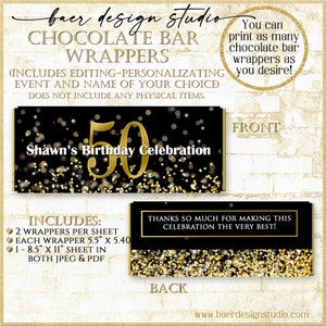 60th birthday candy bar wrappers, Black and Gold Glitter Hershey Bar Wrapper, Personalized Candy Bar Wrapper Printable 11162