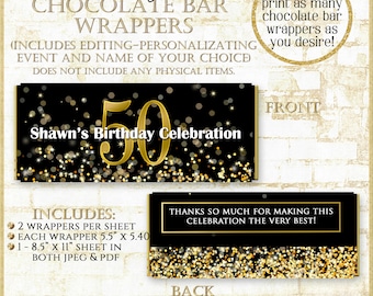 Personalized Birthday Candy Bar Wrapper: Black and Gold Glitter (Printable PDF)