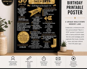 Back in 1976 Birthday Poster Printable, 50th Birthday Gift, Personalized Class Reunion Sign
