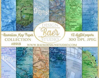 Hawaii Map Digital Paper, Vintage Scrapbook Paper (300 DPI, JPEG)
