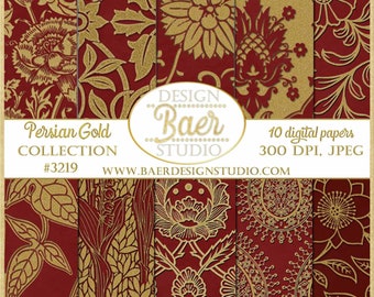 May include: A collection of ten digital papers featuring deep red backgrounds with intricate gold floral and damask patterns. The image includes the text: Persian Gold COLLECTION #3219, DESIGN Baer STUDIO, 10 digital papers 300 DPI, JPEG, WWW.BAERDESIGNSTUDIO.COM.