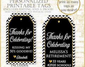Personalized Party Favor Tags: Black and Gold, Milestone Birthday (Digital Download)