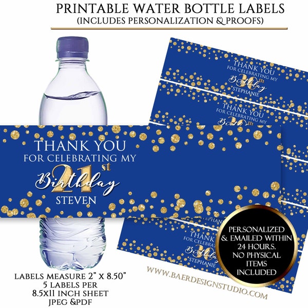 Printable Blue Water bottle Sticker|Royal Blue and Gold Waterbottle Label|Made to Order 21st birthday|80th birthday decoration etc 9279