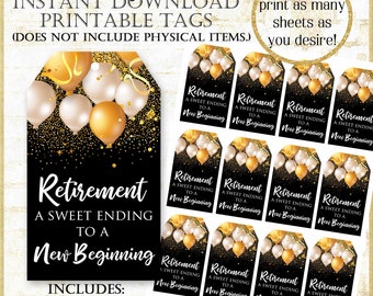 Tags for Favors A Sweet Ending to a New Beginning|Retirement Party Favor Tags Printabe|Black and Gold Balloons Retirement Favor Tag 11724
