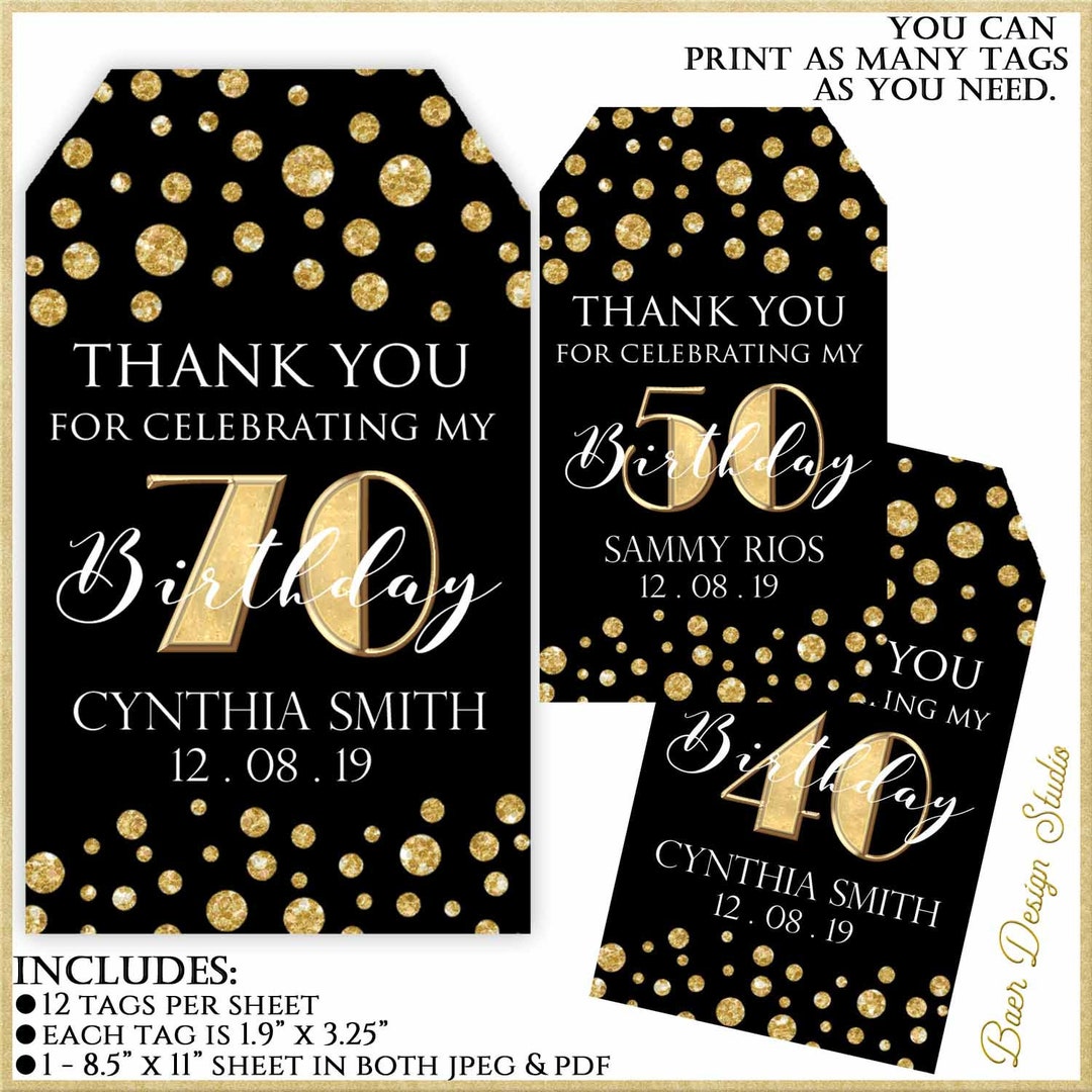 Birthday Thank You Tags:50th Birthday Tags, Custom Black and Gold Party ...