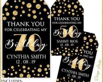 Birthday Thank you Tags:50th birthday tags, Custom Black and Gold party favor tag, 60th personalized party tag, 70th birthday tag, 1719