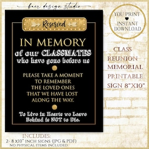 In Memory Sign for Class Reunion, Black and Gold Digital Sign Tribute to deceased classmates at reunion, Reserved Sign Reunion Memorial
