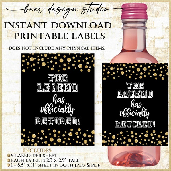 Black and Gold Mini Wine Bottle Labels:The Legend has officially retired printable label, retirement party favors 6223