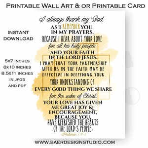 Descarga del versículo bíblico Filemón 1:4-7, úsalo como cartel o tarjeta imprimible, elige entre 3 tamaños, arte de pared imprimible de Filemón 1, Filemón 1 vs. 4