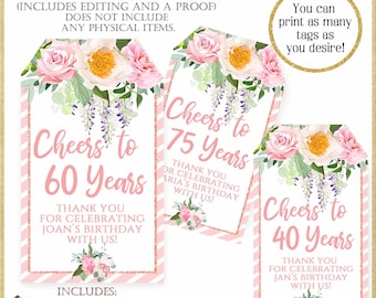 Floral Birthday Party Favor Tags, Personalized Printable (PDF)