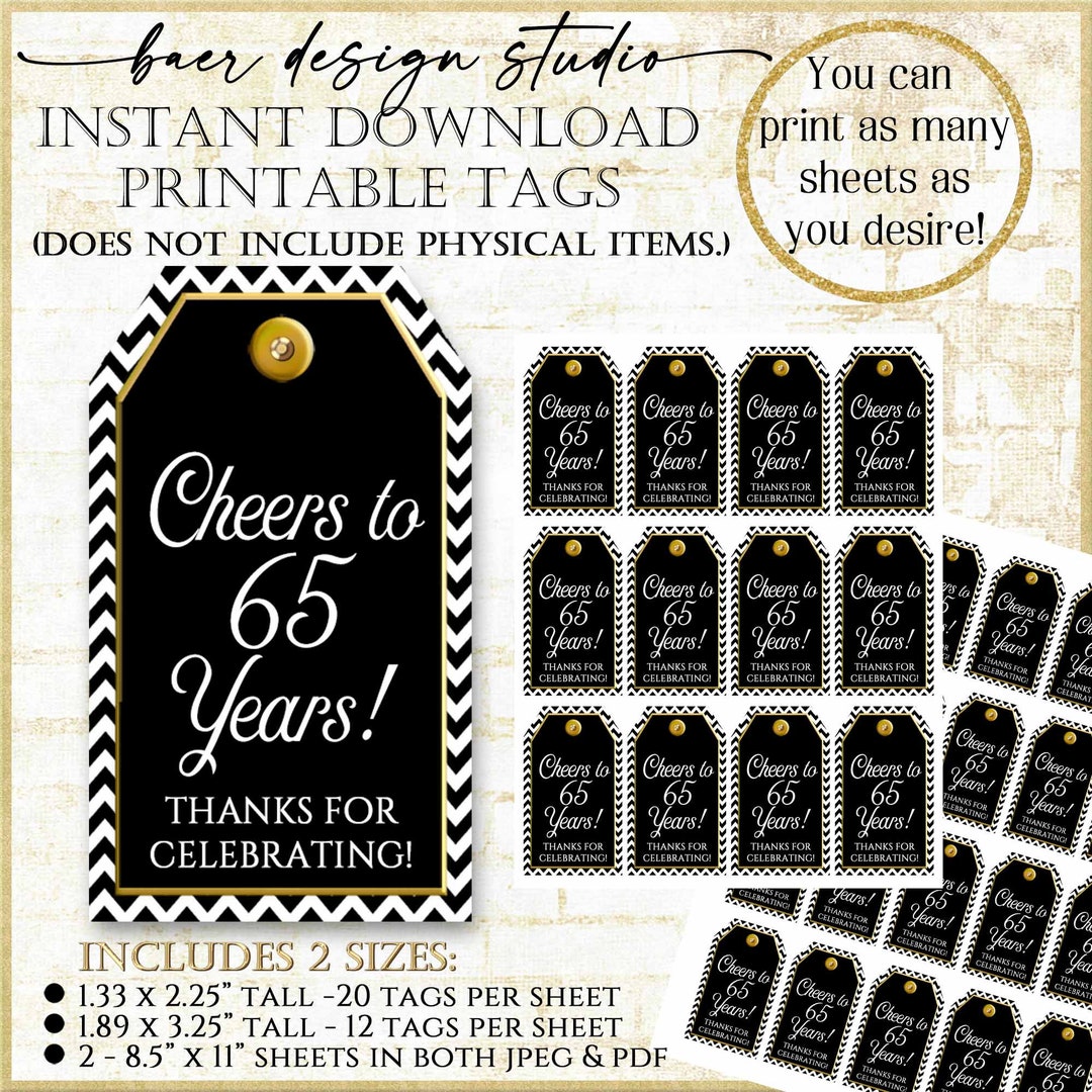 Cheers to 65 Years Tags: Black and Gold, Mini Liquor Bottle Tag ...