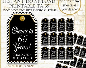 Black and White Cheers to 65 Years Thank you Tag 2 sizes: Mini Liquor Bottle Tag, Black and Gold Printable Mini Wine Tag