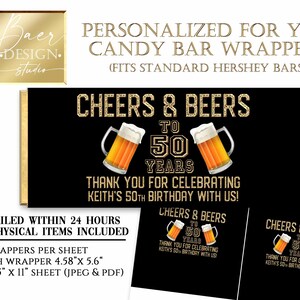 Zwart en goud Cheers and Beers Candy Bar Wrapper, 50e verjaardag gepersonaliseerde chocoladereep Wrapper, bewerkte Hershey Wrapper voor elke verjaardag