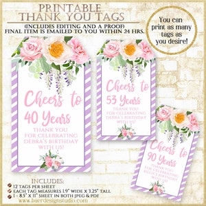 80th birthday party favor, Lavender Floral Printable Tag, Cheers to 60 Years, 80th birthday appreciation gift tag, Editing is included 21020